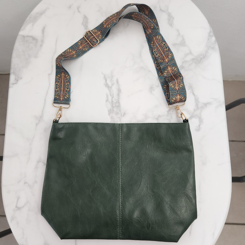 Unisex Army Green Tote Bag with Patterned Boho Strap - Picture 9 of 16